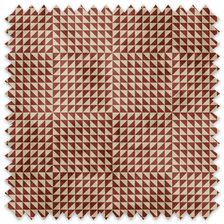The artwork is a geometric composition featuring a symmetrical design dominated by diagonal stripes in shades of tan, rust and green. The central area is divided into four quadrants by two intersecting dark purple bands. Each quadrant contains diagonal stripes that create a chevron pattern, alternating between lavender and green hues. Vertical bands with circular motifs in black frame the central quadrants on the left and right sides. The outer edges are decorated with semicircular and triangular shapes, adding contrast with bold green and white patterns.The interplay of pastel colors and geometric forms gives the artwork a structured yet visually engaging appearance.