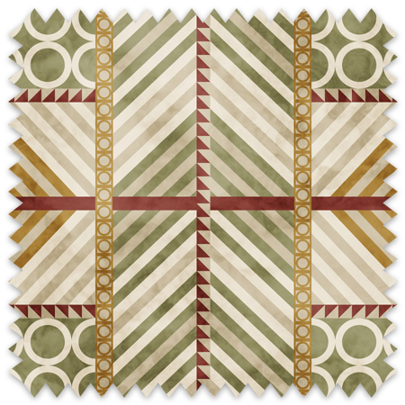 The artwork is a geometric composition featuring a symmetrical design dominated by diagonal stripes in shades of tan, rust and green. The central area is divided into four quadrants by two intersecting dark purple bands. Each quadrant contains diagonal stripes that create a chevron pattern, alternating between lavender and green hues. Vertical bands with circular motifs in black frame the central quadrants on the left and right sides. The outer edges are decorated with semicircular and triangular shapes, adding contrast with bold green and white patterns.The interplay of pastel colors and geometric forms gives the artwork a structured yet visually engaging appearance.