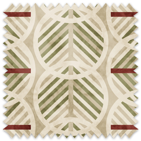 The artwork is a geometric composition featuring a symmetrical design dominated by diagonal stripes in shades of tan, rust and green. The central area is divided into four quadrants by two intersecting dark purple bands. Each quadrant contains diagonal stripes that create a chevron pattern, alternating between lavender and green hues. Vertical bands with circular motifs in black frame the central quadrants on the left and right sides. The outer edges are decorated with semicircular and triangular shapes, adding contrast with bold green and white patterns.The interplay of pastel colors and geometric forms gives the artwork a structured yet visually engaging appearance.