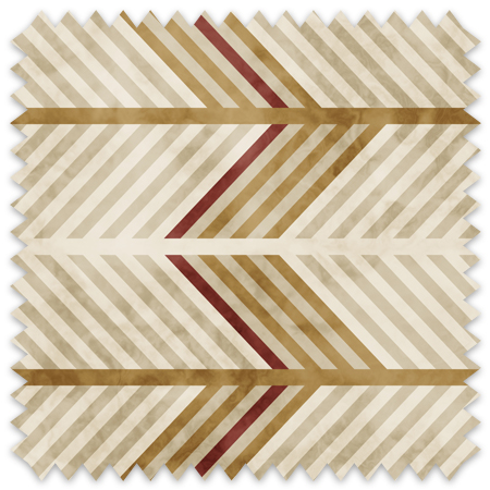 The artwork is a geometric composition featuring a symmetrical design dominated by diagonal stripes in shades of tan, rust and green. The central area is divided into four quadrants by two intersecting dark purple bands. Each quadrant contains diagonal stripes that create a chevron pattern, alternating between lavender and green hues. Vertical bands with circular motifs in black frame the central quadrants on the left and right sides. The outer edges are decorated with semicircular and triangular shapes, adding contrast with bold green and white patterns.The interplay of pastel colors and geometric forms gives the artwork a structured yet visually engaging appearance.