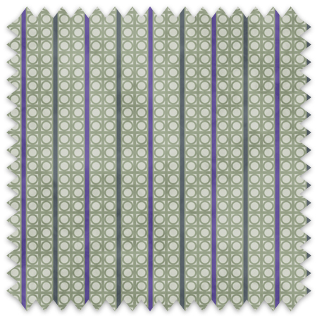 The artwork is a geometric composition featuring a symmetrical design dominated by diagonal stripes in shades of lavender and green. The central area is divided into four quadrants by two intersecting dark purple bands. Each quadrant contains diagonal stripes that create a chevron pattern, alternating between lavender and green hues. Vertical bands with circular motifs in black frame the central quadrants on the left and right sides. The outer edges are decorated with semicircular and triangular shapes, adding contrast with bold green and white patterns.The interplay of pastel colors and geometric forms gives the artwork a structured yet visually engaging appearance..