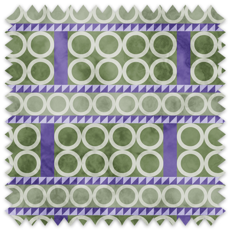 The artwork is a geometric composition featuring a symmetrical design dominated by diagonal stripes in shades of lavender and green. The central area is divided into four quadrants by two intersecting dark purple bands. Each quadrant contains diagonal stripes that create a chevron pattern, alternating between lavender and green hues. Vertical bands with circular motifs in black frame the central quadrants on the left and right sides. The outer edges are decorated with semicircular and triangular shapes, adding contrast with bold green and white patterns.The interplay of pastel colors and geometric forms gives the artwork a structured yet visually engaging appearance.