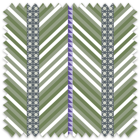 The artwork is a geometric composition featuring a symmetrical design dominated by diagonal stripes in shades of lavender and green. The central area is divided into four quadrants by two intersecting dark purple bands. Each quadrant contains diagonal stripes that create a chevron pattern, alternating between lavender and green hues. Vertical bands with circular motifs in black frame the central quadrants on the left and right sides. The outer edges are decorated with semicircular and triangular shapes, adding contrast with bold green and white patterns.The interplay of pastel colors and geometric forms gives the artwork a structured yet visually engaging appearance.