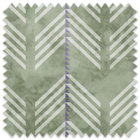 The artwork is a geometric composition featuring a symmetrical design dominated by diagonal stripes in shades of lavender and green. The central area is divided into four quadrants by two intersecting dark purple bands. Each quadrant contains diagonal stripes that create a chevron pattern, alternating between lavender and green hues. Vertical bands with circular motifs in black frame the central quadrants on the left and right sides. The outer edges are decorated with semicircular and triangular shapes, adding contrast with bold green and white patterns.The interplay of pastel colors and geometric forms gives the artwork a structured yet visually engaging appearance.