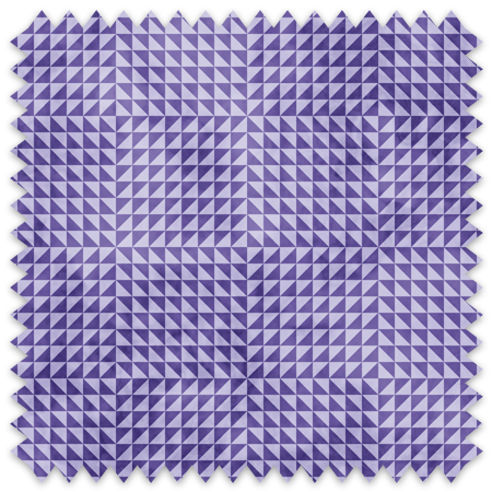 The artwork is a geometric composition featuring a symmetrical design dominated by diagonal stripes in shades of lavender and green. The central area is divided into four quadrants by two intersecting dark purple bands. Each quadrant contains diagonal stripes that create a chevron pattern, alternating between lavender and green hues. Vertical bands with circular motifs in black frame the central quadrants on the left and right sides. The outer edges are decorated with semicircular and triangular shapes, adding contrast with bold green and white patterns.The interplay of pastel colors and geometric forms gives the artwork a structured yet visually engaging appearance..