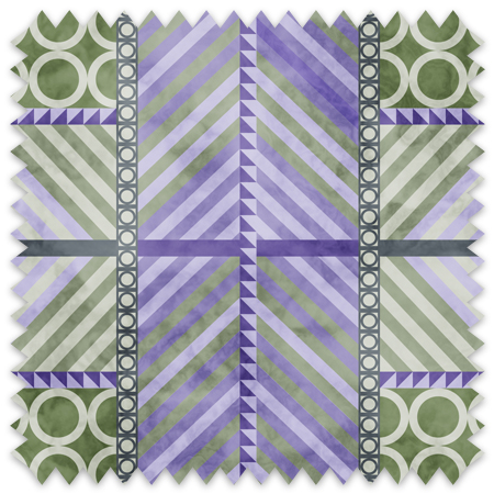 The artwork is a geometric composition featuring a symmetrical design dominated by diagonal stripes in shades of lavender and green. The central area is divided into four quadrants by two intersecting dark purple bands. Each quadrant contains diagonal stripes that create a chevron pattern, alternating between lavender and green hues. Vertical bands with circular motifs in black frame the central quadrants on the left and right sides. The outer edges are decorated with semicircular and triangular shapes, adding contrast with bold green and white patterns.The interplay of pastel colors and geometric forms gives the artwork a structured yet visually engaging appearance.