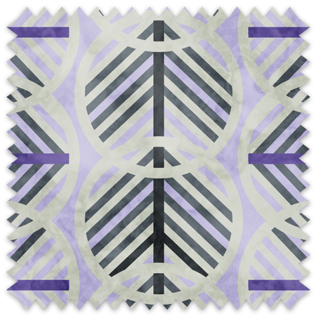 The artwork is a geometric composition featuring a symmetrical design dominated by diagonal stripes in shades of lavender and green. The central area is divided into four quadrants by two intersecting dark purple bands. Each quadrant contains diagonal stripes that create a chevron pattern, alternating between lavender and green hues. Vertical bands with circular motifs in black frame the central quadrants on the left and right sides. The outer edges are decorated with semicircular and triangular shapes, adding contrast with bold green and white patterns.The interplay of pastel colors and geometric forms gives the artwork a structured yet visually engaging appearance.