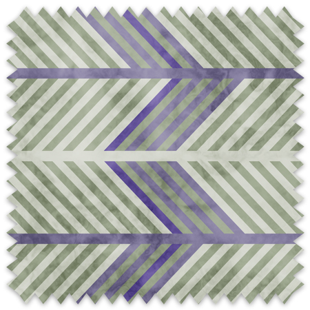 The artwork is a geometric composition featuring a symmetrical design dominated by diagonal stripes in shades of lavender and green. The central area is divided into four quadrants by two intersecting dark purple bands. Each quadrant contains diagonal stripes that create a chevron pattern, alternating between lavender and green hues. Vertical bands with circular motifs in black frame the central quadrants on the left and right sides. The outer edges are decorated with semicircular and triangular shapes, adding contrast with bold green and white patterns.The interplay of pastel colors and geometric forms gives the artwork a structured yet visually engaging appearance.