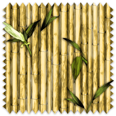 The artwork features a repetitive pattern of vertical bamboo stalks arranged closely together. The bamboo stalks are primarily yellow-green with subtle shading that gives them depth and texture. Interspersed among the bamboo are several green leaves, adding contrast to the yellow tones. The overall composition is vibrant and naturalistic, emphasizing the organic texture and color of bamboo.
