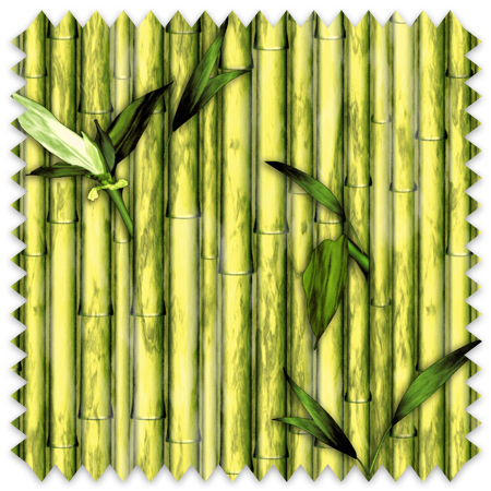 The artwork features a repetitive pattern of vertical bamboo stalks arranged closely together. The bamboo stalks are primarily yellow-green with subtle shading that gives them depth and texture. Interspersed among the bamboo are several green leaves, adding contrast to the yellow tones. The overall composition is vibrant and naturalistic, emphasizing the organic texture and color of bamboo.