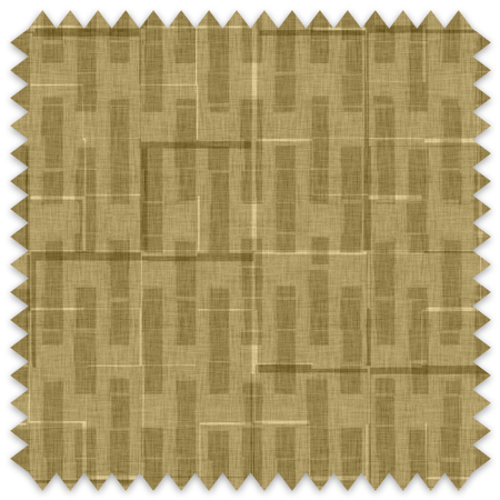 The artwork consists of a geometric pattern with vertical and horizontal rectangular shapes arranged in a repetitive grid formation. The primary color is a muted gold, with lighter and darker shades creating depth and a sense of layering. Thin, delicate lines form an angular maze-like design overlaying the rectangles, adding complexity and structure to the composition. The overall effect is orderly and rhythmic, with a subtle interplay between texture and linear elements.