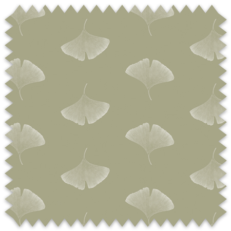The artwork showcases a minimalist pattern of delicate ginkgo leaves evenly spaced on a muted olive-green background. Each leaf is rendered in a soft, light beige shade, creating a gentle contrast with the background. The leaves are oriented in varying directions, contributing to a natural and balanced composition.