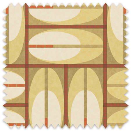 This artwork is a geometric abstract composition featuring a structured grid pattern with a mix of organic oval shapes and rectangular elements. The palette consists primarily of muted golden yellow, soft beige, and subtle rust tones, creating a harmonious and balanced visual effect. The central grid is divided into rectangular sections, each containing large, elongated ovals with color blocks and lines that intersect within the shapes. Vertical and horizontal purple bars segment the grid, adding a sense of order and rhythm. The juxtaposition of rounded and linear forms imparts a modernist and minimalist style to the piece.