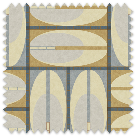 This artwork is a geometric abstract composition featuring a structured grid pattern with a mix of organic oval shapes and rectangular elements. The palette consists primarily of muted golden yellow, soft beige, and gray tones, creating a harmonious and balanced visual effect. The central grid is divided into rectangular sections, each containing large, elongated ovals with color blocks and lines that intersect within the shapes. Vertical and horizontal purple bars segment the grid, adding a sense of order and rhythm. The juxtaposition of rounded and linear forms imparts a modernist and minimalist style to the piece.