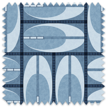 This artwork is a geometric abstract composition featuring a structured grid pattern with a mix of organic oval shapes and rectangular elements. The palette consists primarily of muted blue tones, creating a harmonious and balanced visual effect. The central grid is divided into rectangular sections, each containing large, elongated ovals with color blocks and lines that intersect within the shapes. Vertical and horizontal purple bars segment the grid, adding a sense of order and rhythm. The juxtaposition of rounded and linear forms imparts a modernist and minimalist style to the piece.