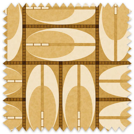 This artwork is a geometric abstract composition featuring a structured grid pattern with a mix of organic oval shapes and rectangular elements. The palette consists primarily of muted golden tones, creating a harmonious and balanced visual effect. The central grid is divided into rectangular sections, each containing large, elongated ovals with color blocks and lines that intersect within the shapes. Vertical and horizontal purple bars segment the grid, adding a sense of order and rhythm. The juxtaposition of rounded and linear forms imparts a modernist and minimalist style to the piece.