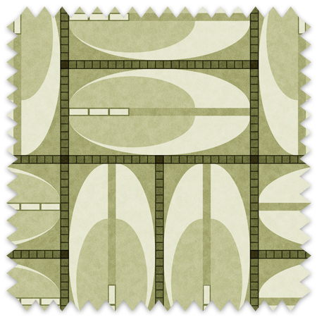 This artwork is a geometric abstract composition featuring a structured grid pattern with a mix of organic oval shapes and rectangular elements. The palette consists primarily of muted sage tones, creating a harmonious and balanced visual effect. The central grid is divided into rectangular sections, each containing large, elongated ovals with color blocks and lines that intersect within the shapes. Vertical and horizontal purple bars segment the grid, adding a sense of order and rhythm. The juxtaposition of rounded and linear forms imparts a modernist and minimalist style to the piece.