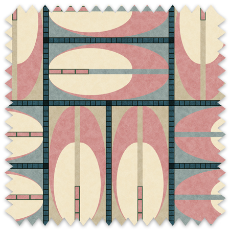 This artwork is a geometric abstract composition featuring a structured grid pattern with a mix of organic oval shapes and rectangular elements. The palette consists primarily of muted rose, soft beige, and subtle beige tones, creating a harmonious and balanced visual effect. The central grid is divided into rectangular sections, each containing large, elongated ovals with color blocks and lines that intersect within the shapes. Vertical and horizontal purple bars segment the grid, adding a sense of order and rhythm. The juxtaposition of rounded and linear forms imparts a modernist and minimalist style to the piece.