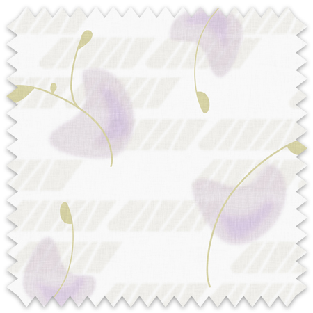The artwork is a delicate, minimalistic design featuring soft lavender petals paired with thin, light green stems and leaves, set against a white background. The petals have a smooth, almost translucent quality, giving the piece an airy and gentle feel. Light gray diagonal stripes run across the background, adding subtle texture and depth without overpowering the floral elements. The edges of the artwork are cut in a zigzag pattern, resembling a fabric swatch. The overall composition conveys a sense of calm and elegance.