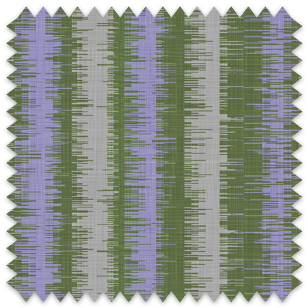 The artwork is a fabric piece featuring vertical stripes in two dominant colors: soft violet and olive green. Each stripe is textured with a series of short, horizontal brush-like lines that create a woven effect, giving the fabric a sense of depth and movement. The overall design balances earthy, warm tones with an organic, rhythmic pattern.