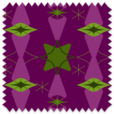 This design layers rich purples and soft greens into a rhythmic, symmetrical composition inspired by Mid Century Modern shapes. Abstract floral and star-like forms interact with slender gold lines, creating a textured harmony that balances organic curves with geometric precision. The repeating pattern is thoughtfully crafted to bring vibrant yet refined energy to fabric and wallpaper, perfect for adding a touch of timeless elegance to any space.