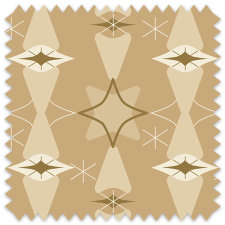 This design layers rich browns and soft beige into a rhythmic, symmetrical composition inspired by Mid Century Modern shapes. Abstract floral and star-like forms interact with slender gold lines, creating a textured harmony that balances organic curves with geometric precision. The repeating pattern is thoughtfully crafted to bring vibrant yet refined energy to fabric and wallpaper, perfect for adding a touch of timeless elegance to any space.