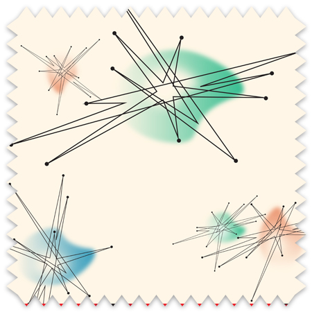 The artwork consists of a series of abstract geometric forms created by intersecting straight black lines with small black dots at their endpoints. These linear structures resemble starbursts or constellation-like patterns. Behind some of these line clusters, there are soft, irregularly shaped colored patches in shades of blue, green, and orange, adding a subtle contrast to the thin black lines. The background is a light beige color, which enhances the clarity and sharpness of the lines and colors. The composition is scattered across the canvas, maintaining a balanced yet dynamic arrangement. The overall style conveys a minimalist and modern aesthetic with a hint of mid-century abstract design.