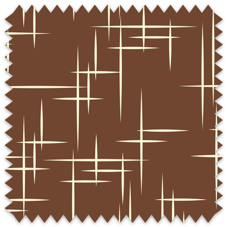 The artwork consists of a brown square background with a repeating pattern of starburst shapes created by intersecting elongated lines. These lines are light-colored, contrasting sharply against the brown background. The lines form multiple four-pointed stars with varying lengths and thicknesses, radiating outward in a geometric arrangement. The composition presents a clean, mid-century modern aesthetic, emphasizing simplicity and bold contrasts.