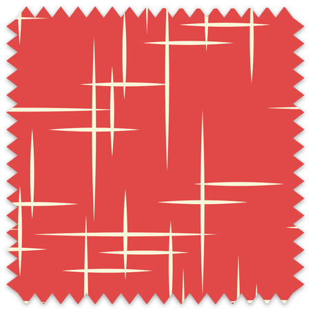 The artwork consists of a red square background with a repeating pattern of starburst shapes created by intersecting elongated lines. These lines are light-colored, contrasting sharply against the red background. The lines form multiple four-pointed stars with varying lengths and thicknesses, radiating outward in a geometric arrangement. The composition presents a clean, mid-century modern aesthetic, emphasizing simplicity and bold contrasts.