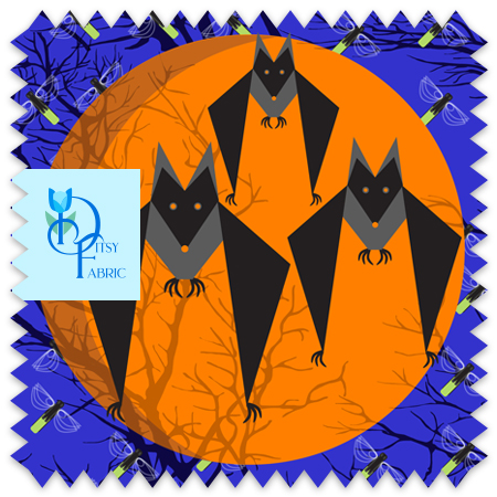 3 bats flying in front of a moon with trees and bugs.