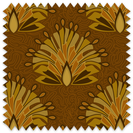 The artwork is a repeating geometric pattern with a symmetrical and stylized floral design. It features bold, fan-like petals radiating outward from a central teardrop shape, using shades of brown, gold, and mustard yellow. The petals have layered sections, creating a sense of depth and movement. The background is a rich brown tone, adorned with subtle, organic line patterns that provide texture without overwhelming the main motifs. The overall composition exudes a warm, autumnal palette with an Art Deco influence.