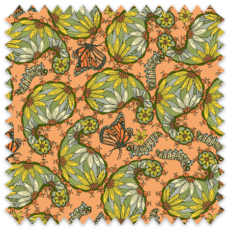 The Paisley Monarch features a dense, seamless pattern composed of intricately detailed butterflies, caterpillars, and flowers. The butterflies are primarily orange with black and white accents, conveying a monarch butterfly design. The caterpillars are segmented and textured with earthy tones of green and beige, blending naturally with the floral elements. The flowers have petals colored in shades of pale pink and green, with leaves interspersed throughout the composition. The background is a light, muted yellow, which enhances the vibrant colors of the butterflies and floral motifs. The overall design is highly decorative and organic, showcasing a lyrical interplay between the stages of a butterfly's life cycle and plant life.