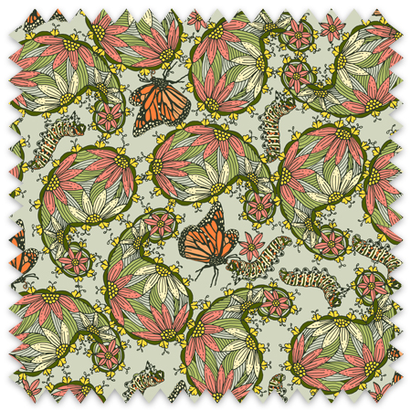 The Paisley Monarch features a dense, seamless pattern composed of intricately detailed butterflies, caterpillars, and flowers. The butterflies are primarily orange with black and white accents, conveying a monarch butterfly design. The caterpillars are segmented and textured with earthy tones of green and beige, blending naturally with the floral elements. The flowers have petals colored in shades of pale pink and green, with leaves interspersed throughout the composition. The background is a light, muted yellow, which enhances the vibrant colors of the butterflies and floral motifs. The overall design is highly decorative and organic, showcasing a lyrical interplay between the stages of a butterfly's life cycle and plant life.