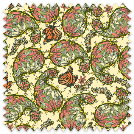 The Paisley Monarch features a dense, seamless pattern composed of intricately detailed butterflies, caterpillars, and flowers. The butterflies are primarily orange with black and white accents, conveying a monarch butterfly design. The caterpillars are segmented and textured with earthy tones of green and beige, blending naturally with the floral elements. The flowers have petals colored in shades of pale pink and green, with leaves interspersed throughout the composition. The background is a light, muted yellow, which enhances the vibrant colors of the butterflies and floral motifs. The overall design is highly decorative and organic, showcasing a lyrical interplay between the stages of a butterfly's life cycle and plant life.